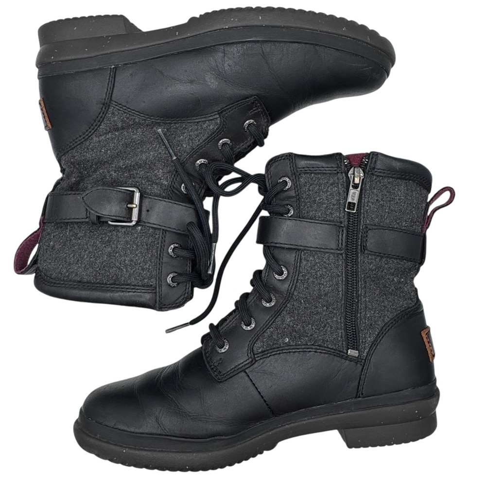 UGG Kesey Black Leather and Gray Wool Women's Combat Boots - Size 6